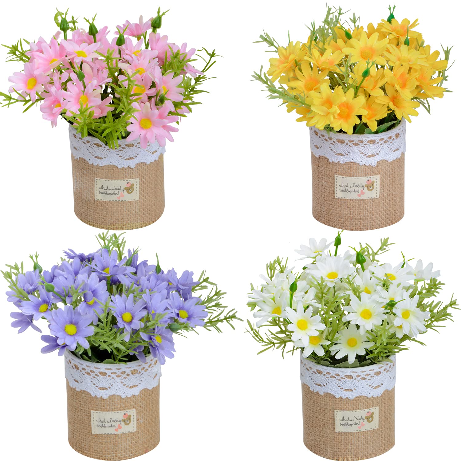 Artificial Flowers - Set Of 4 Mini Fake Potted Silk Daisy Flowers For Home Decor Wedding Office Tabletop Decoration