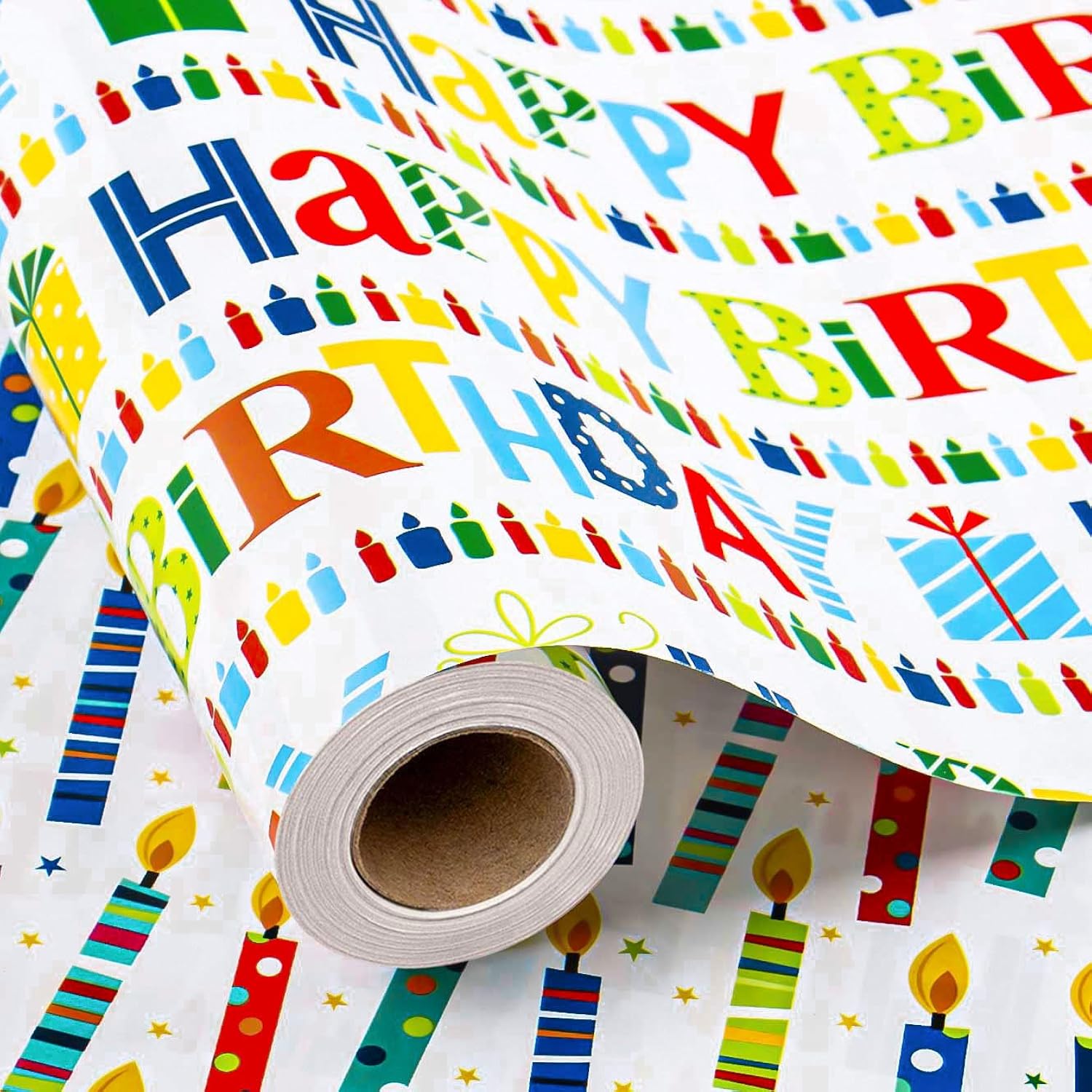 Birthday Wrapping Paper Roll - Colorful Happy Birthday Lettering & Candles, Reversible Design For Baby Shower, Party - Mini Roll - 17 Inch X 33 Feet