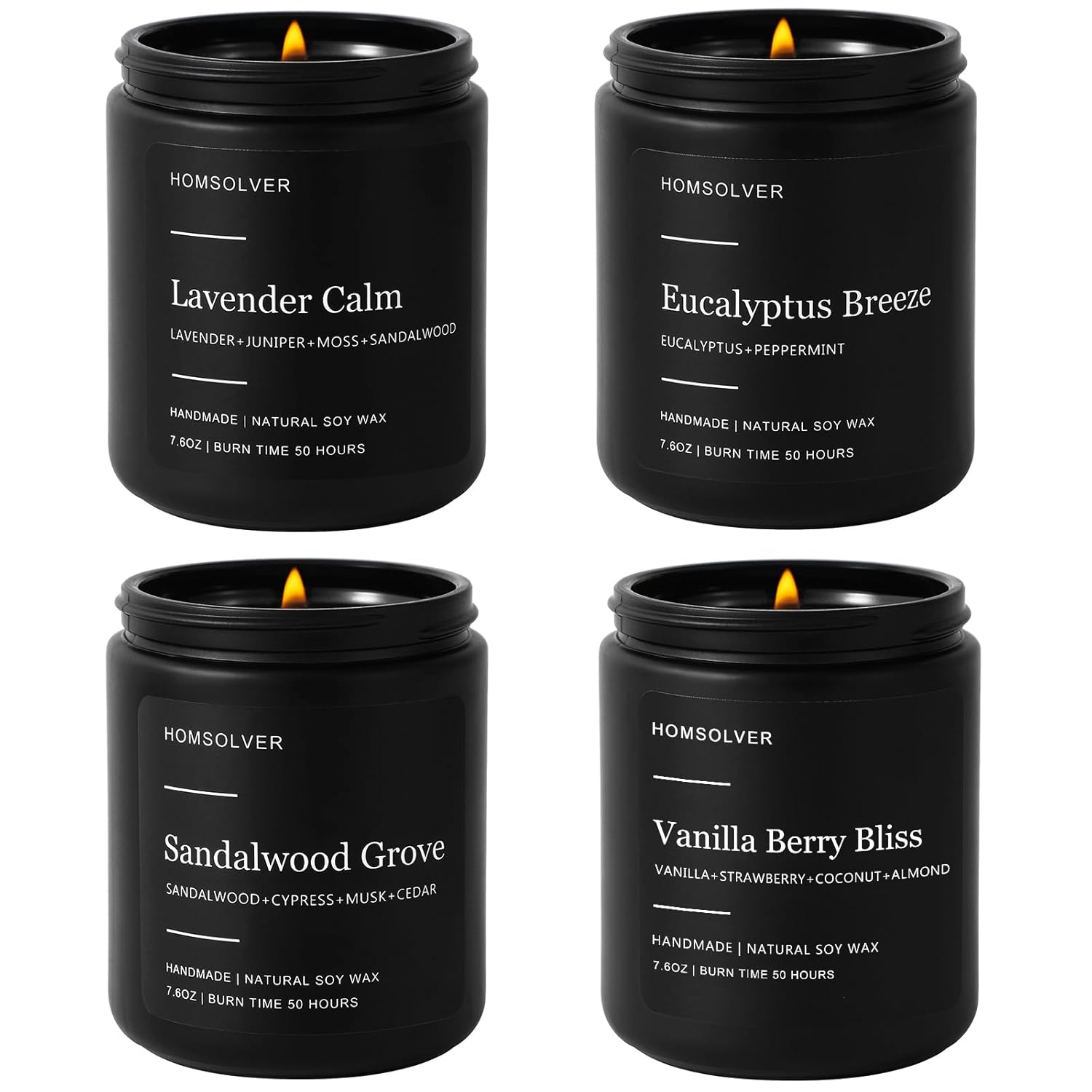 Set Of 4 Scented Candles For Home Decor, Candle Gifts For Dad Men Him, 200Hours Burn Tine, Vanilla, Lavender, Sandalwood, Eucalyptus Scented With Black Jar