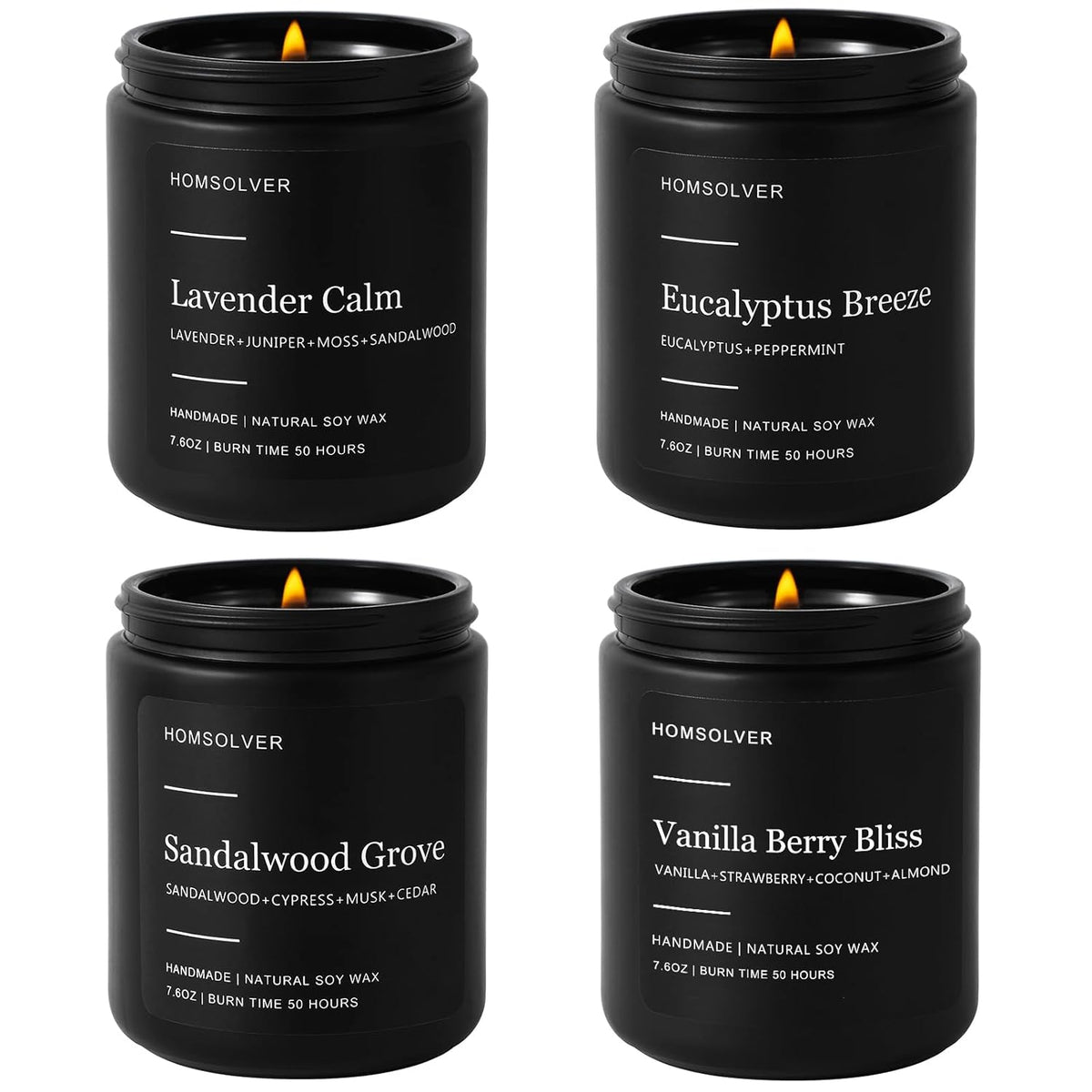 Set Of 4 Scented Candles For Home Decor, Candle Gifts For Dad Men Him, 200Hours Burn Tine, Vanilla, Lavender, Sandalwood, Eucalyptus Scented With Black Jar