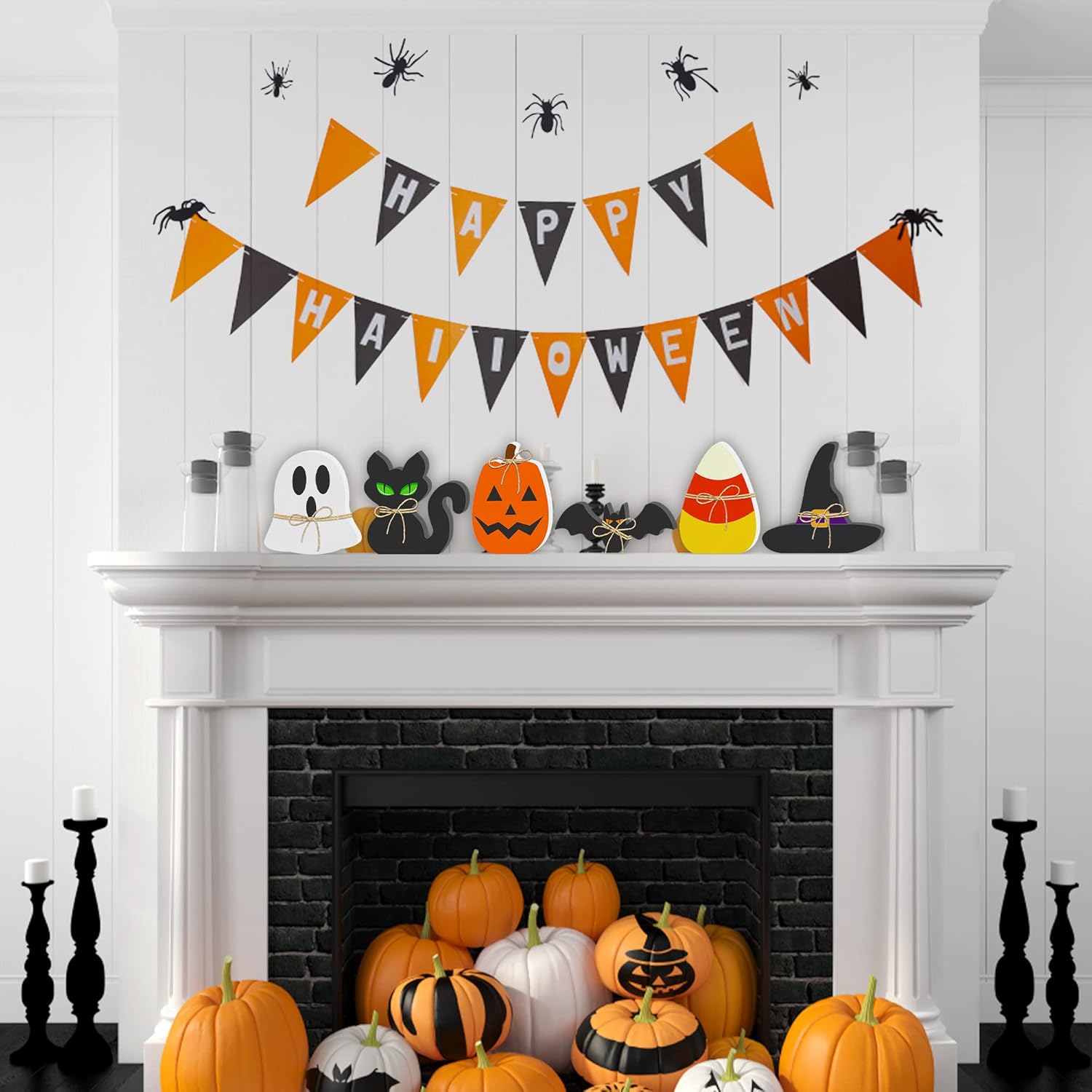 6Pcs Halloween Wooden Decor - Halloween Decorations Wooden Signs Include Pumpkin Ghost Bat Black Cat Witch Hat Candy Corn Freestanding Table Signs Tiered Tray Decor For Rustic Farmhouse Home Mantle