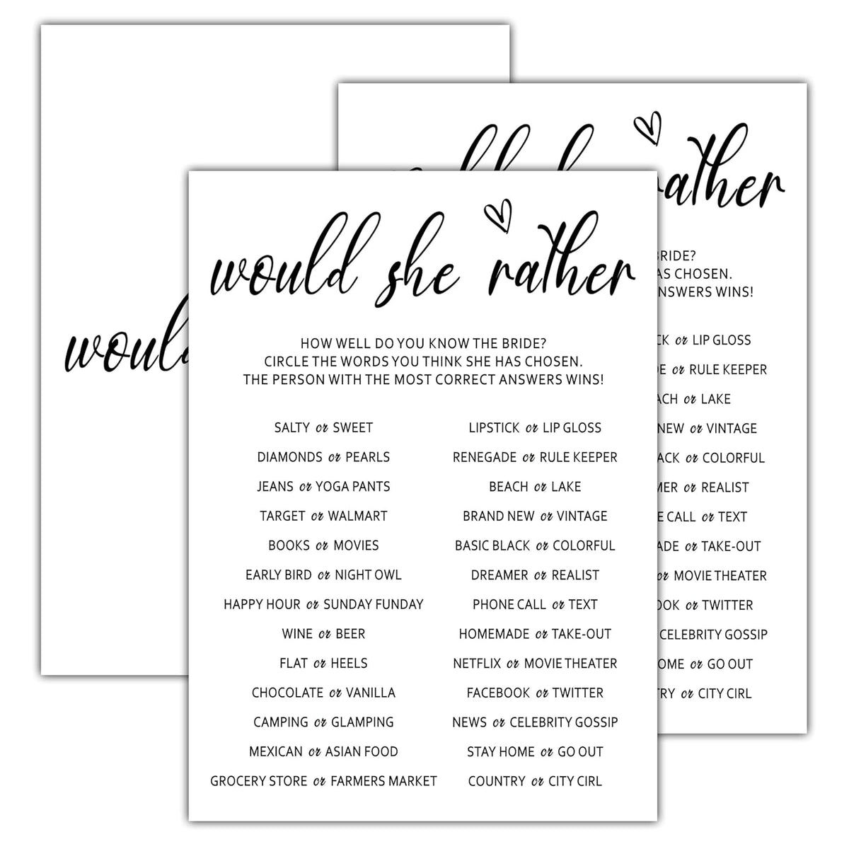 Would She Rather Bridal Shower Games, Minimalist Engagement Party Game Cards, Bachelorette Party Games, Aesthetic Bridal Shower Decorations, 25 Cards(White008)