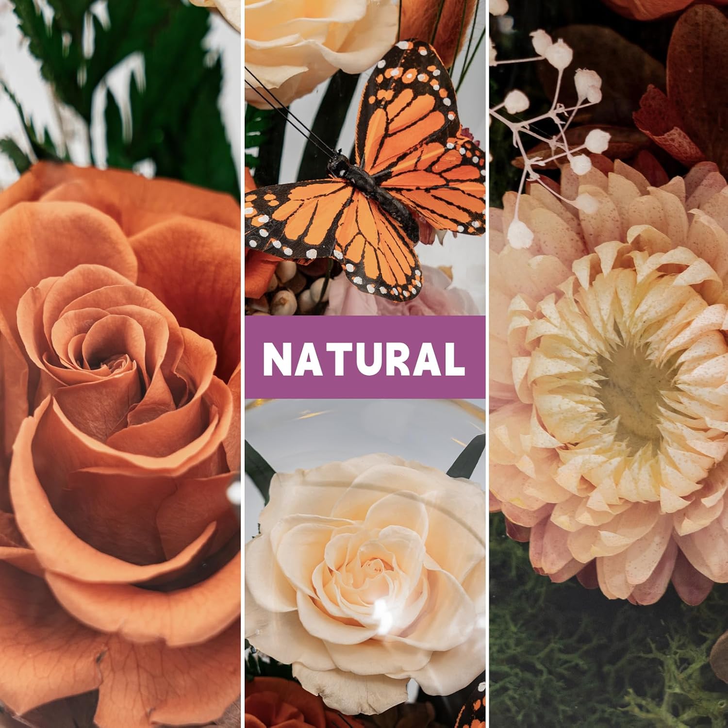 Eternal Flower With Butterfly: Big Flowers Big Love-Elegant Flower In Glass Dome-Thanksgiving, Christmas, Mom Gifts For Her-Flowers For Delivery Prime-Floral Arrangements (Orange)