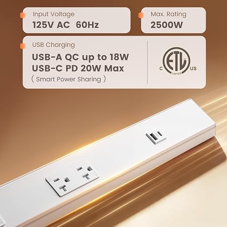 24 in Hardwired Under Cabinet Power Strip with 20A TR Outlets and USB A and C