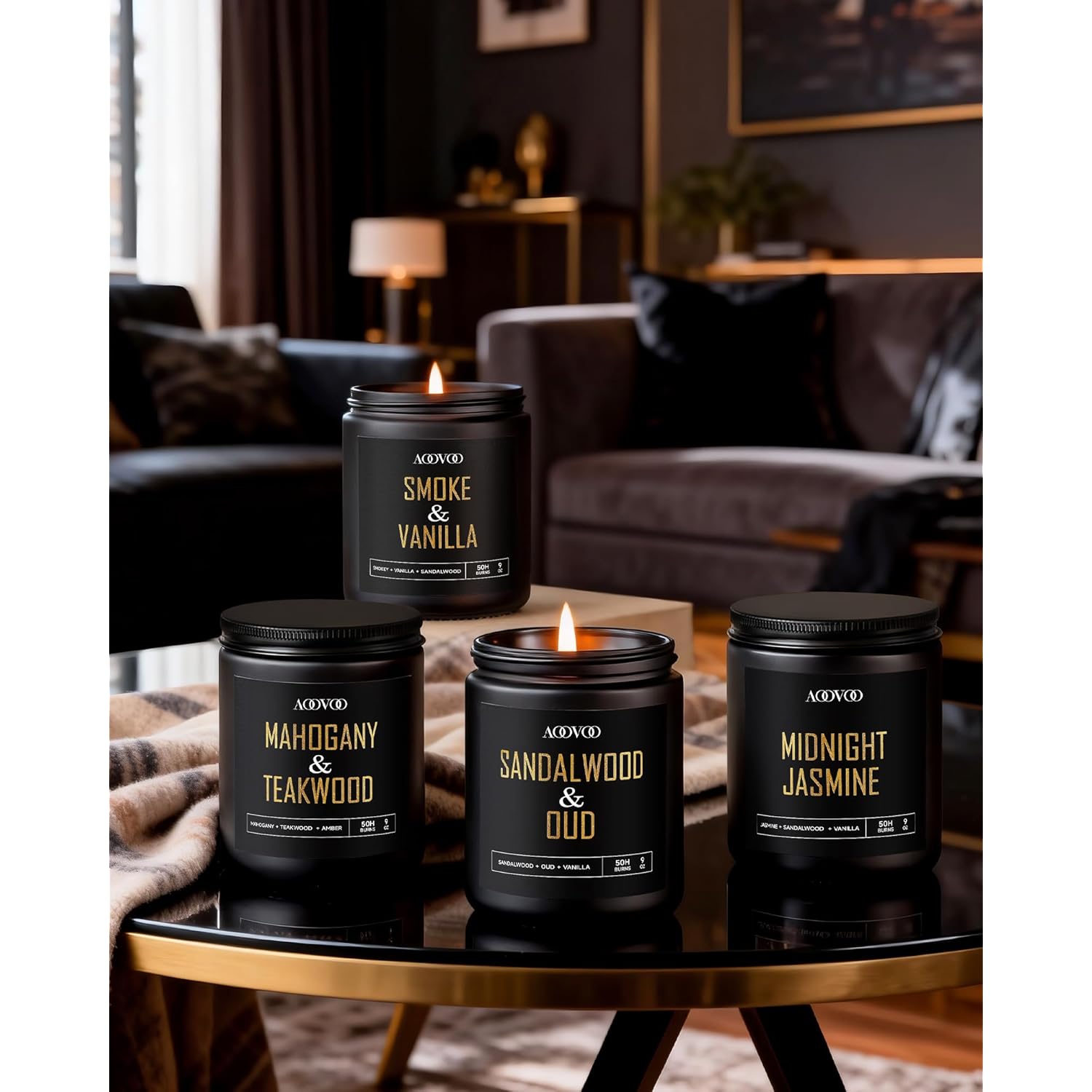 Scented Candles For Men - 4 Pack Candles For Home Scented, 36Oz Soy Wax, 200 Hour Burn Time, Men Candle Set, Sandalwood Oud/Mahogany Teakwood/Smoke Vanilla/Jasmine Candle Set A