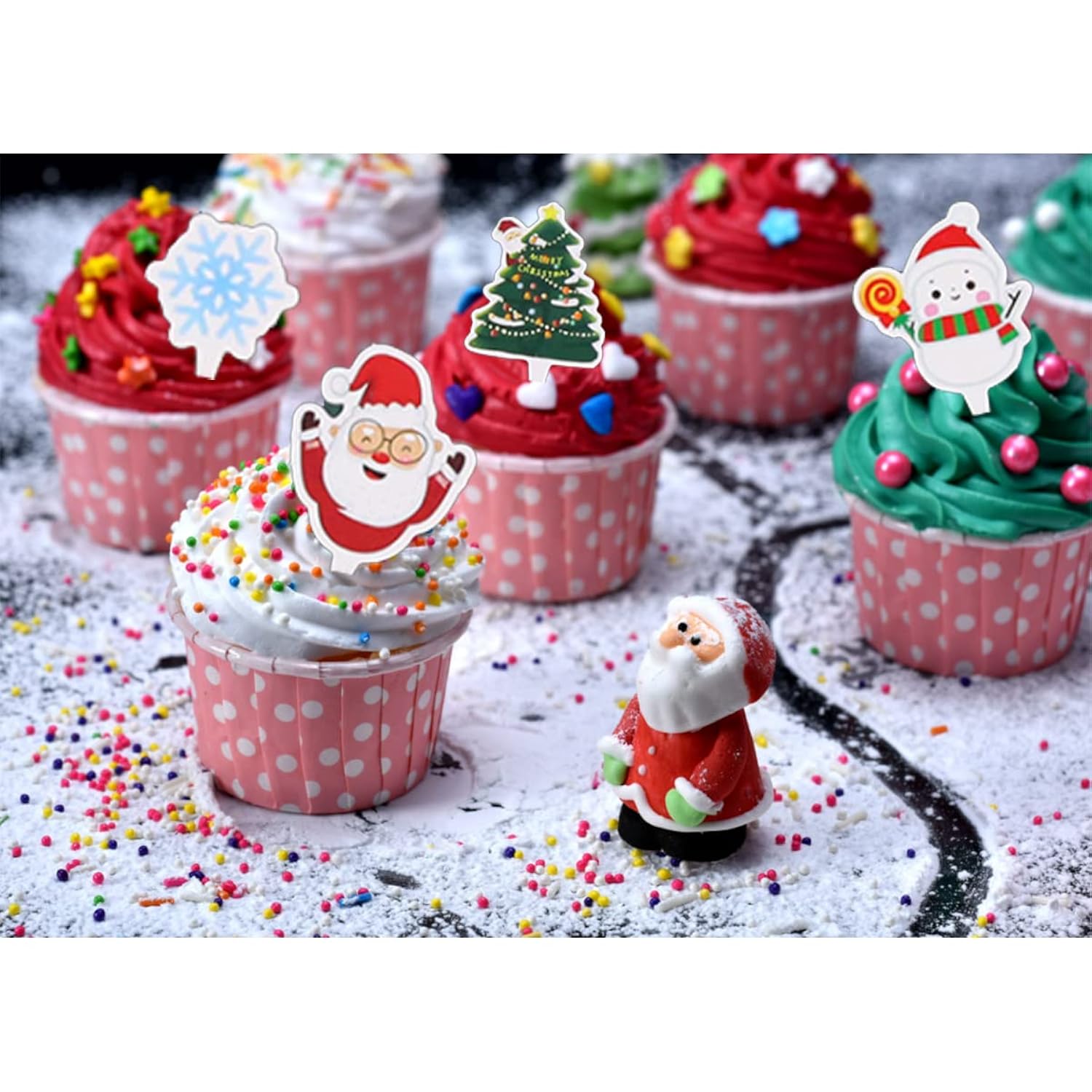 Christmas Cupcake Toppers, 74 Pieces Cute Cupcake Decorations Santas Tree Snowman Cake Toppers For Merry Christmas New Year Parties