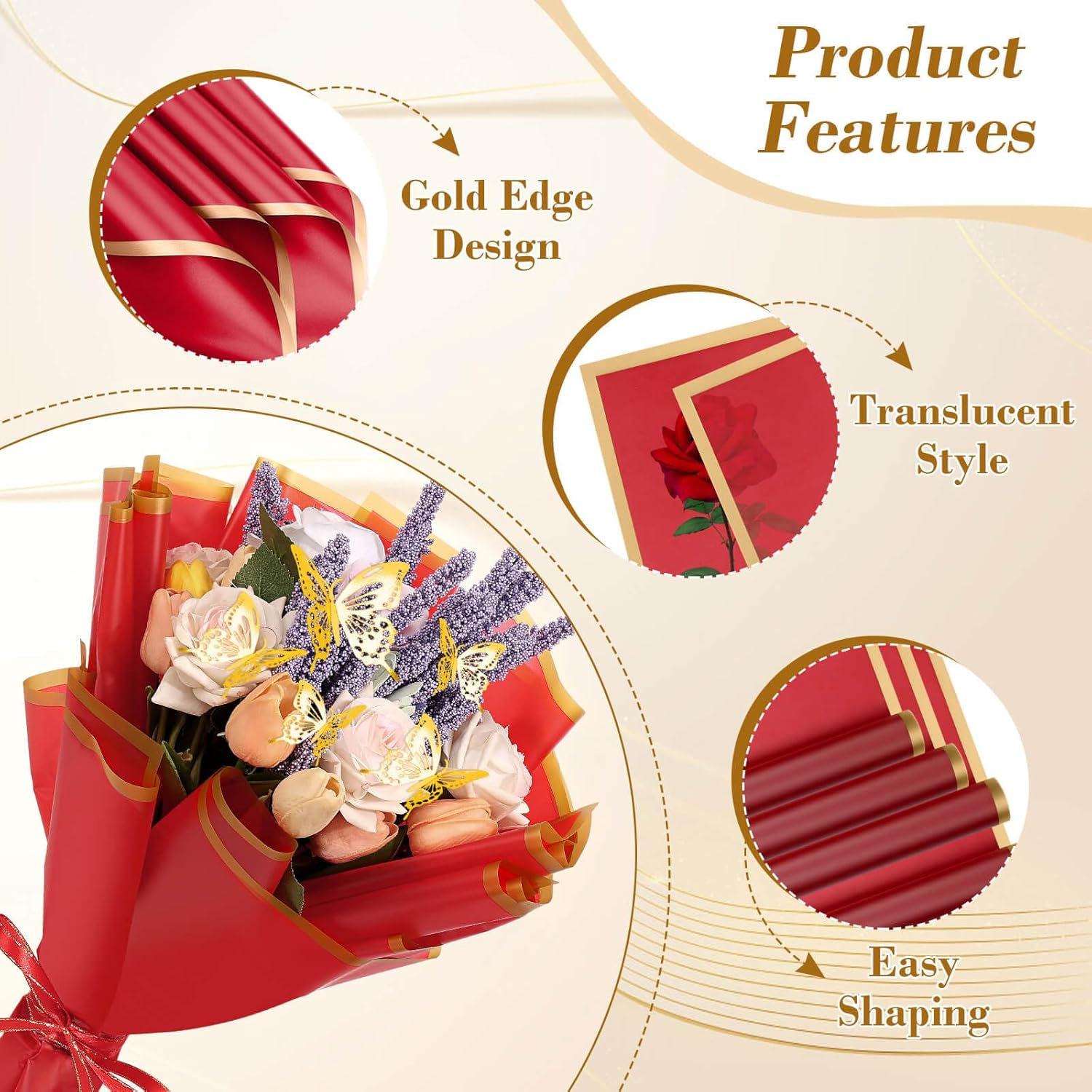 20 Sheets Flower Bouquet Wrapping Paper With 12 Pieces Gold Butterfly Decorations For Flower Bouquets, Gift Wrapping(Red)