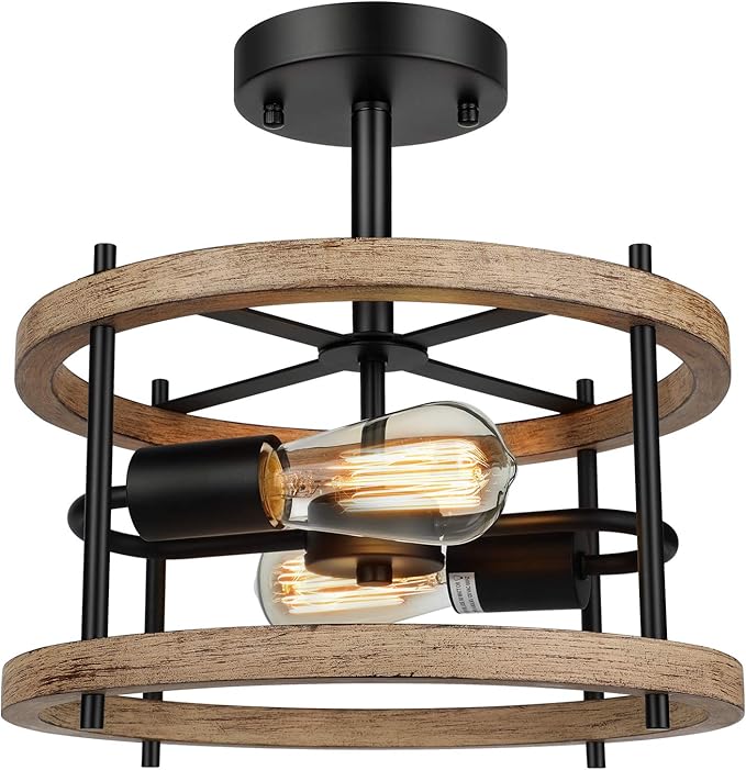 2 Light Retro Farmhouse Ceiling Light Rustic Wood and Black Metal Semi Flush Mount