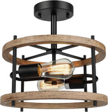 2 Light Retro Farmhouse Ceiling Light Rustic Wood and Black Metal Semi Flush Mount