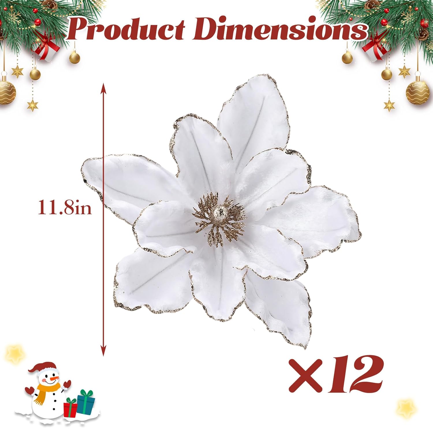 12 Pcs 12 In Large Artificial Christmas Flowers Poinsettias, Glitter Fake Xmas Holiday Magnolia Flowers With Stems, Large Floral Picks For Christmas Tree Wreath, White