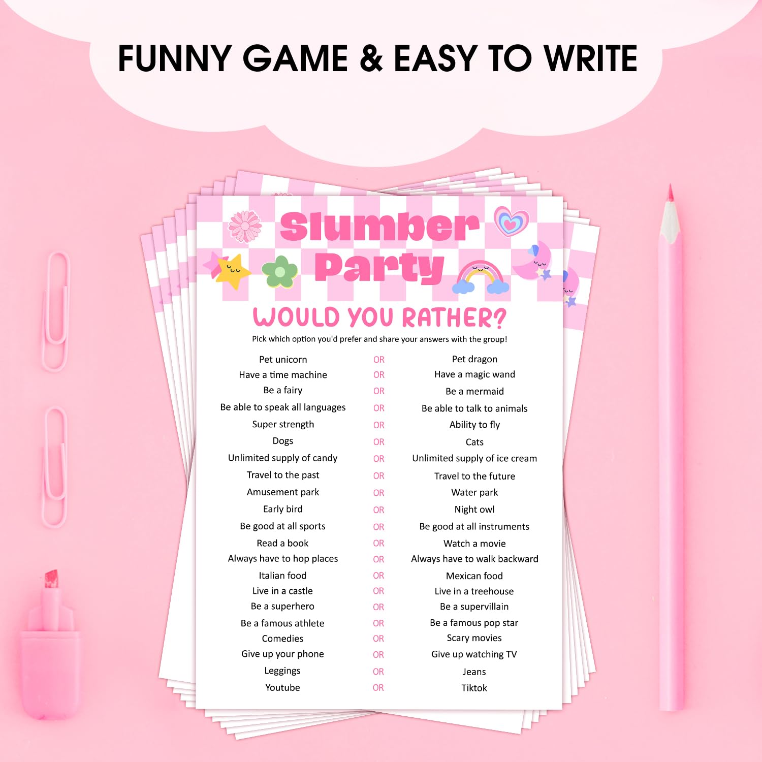 Would You Rather - Pajama Slumber Party Games Sleepover Party Supplies For Girls, Sleepover Birthday Party Games Favor Decoration And Supplies For Her Girls Teenager Adult, Set Of 20 Games Cards -05