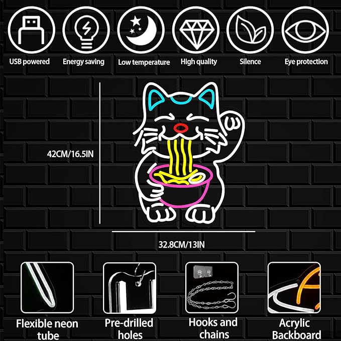 Fortune Cat Ramen Neon Sign Dimmable Lucky Cat LED Wall Decor for Restaurant Kitchen Pub