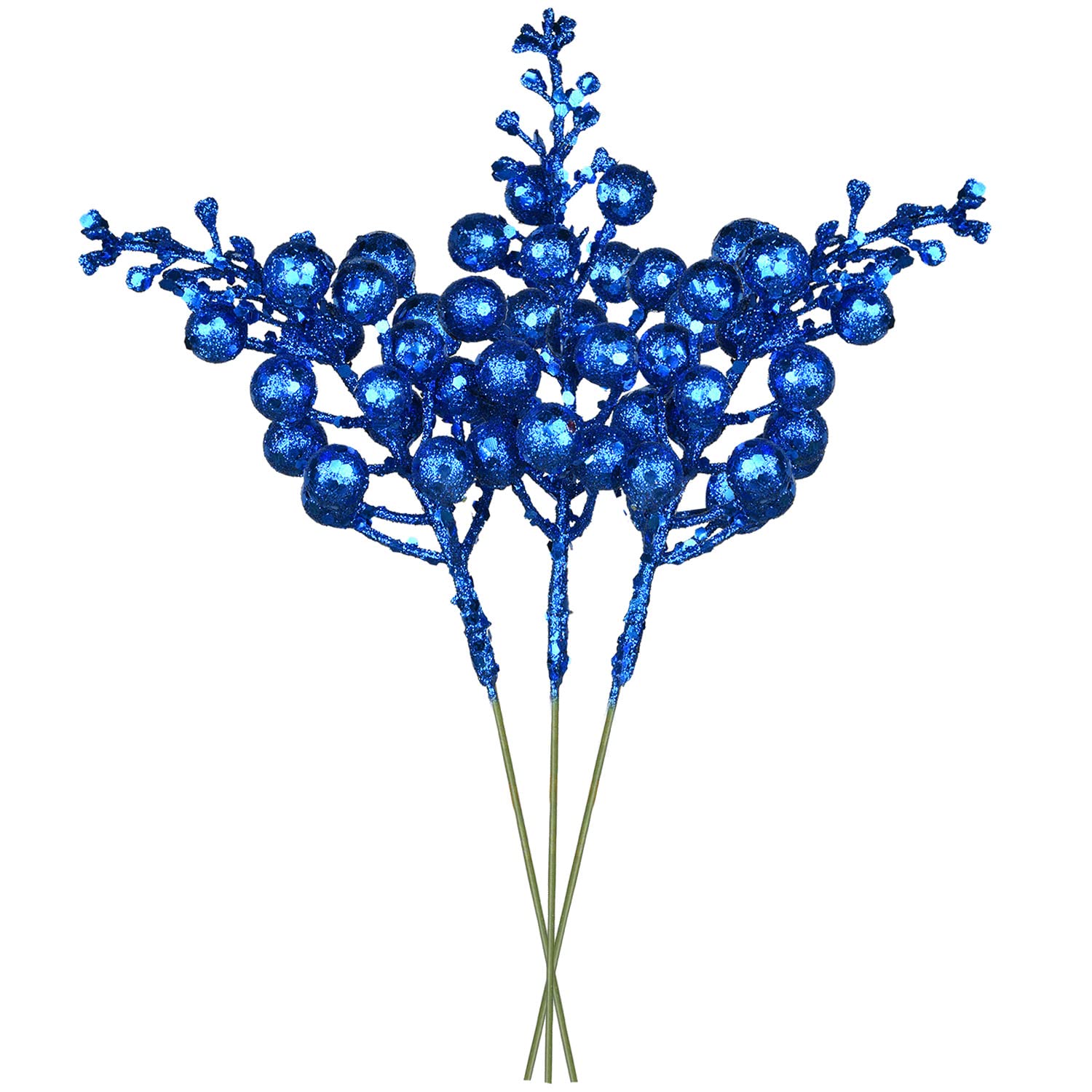 16Pcs Christmas Glitter Berry Stems, 7.8" Artificial Christmas Picks For Christmas Tree Ornaments, Diy Xmas Wreath, Crafts, Holiday And Home Decor (Dark Blue)