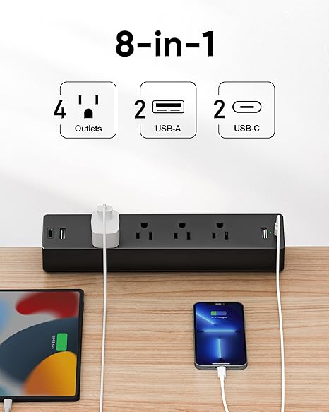 Desk Clamp Power Strip 4 Outlets 4 USB Ports PD20W 6FT Extension Cord Charging Station Black