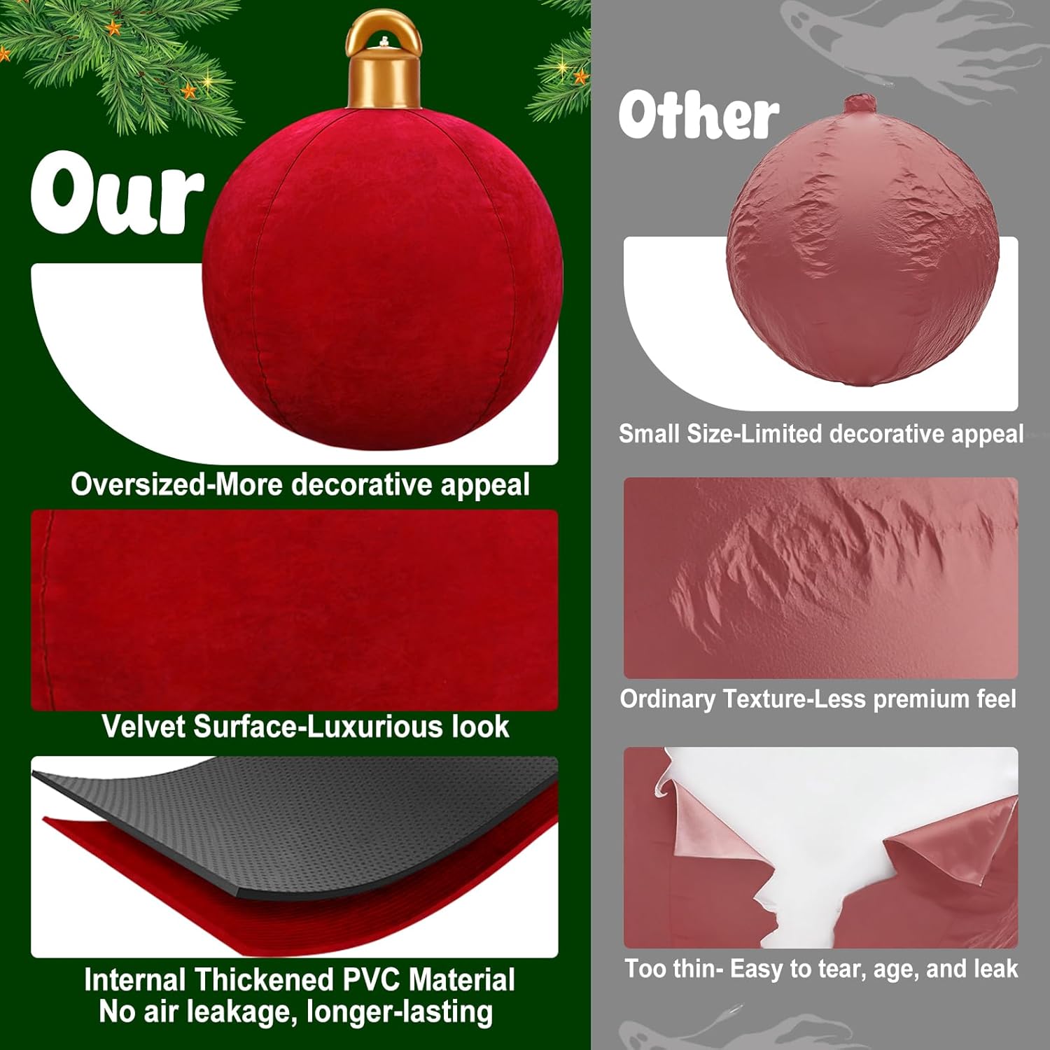 4 Pcs 32 Inch Giant Velvet Inflatable Christmas Balls, Extra Large Blow Up Pvc Ornaments, Flocked Oversized Christmas Ba
