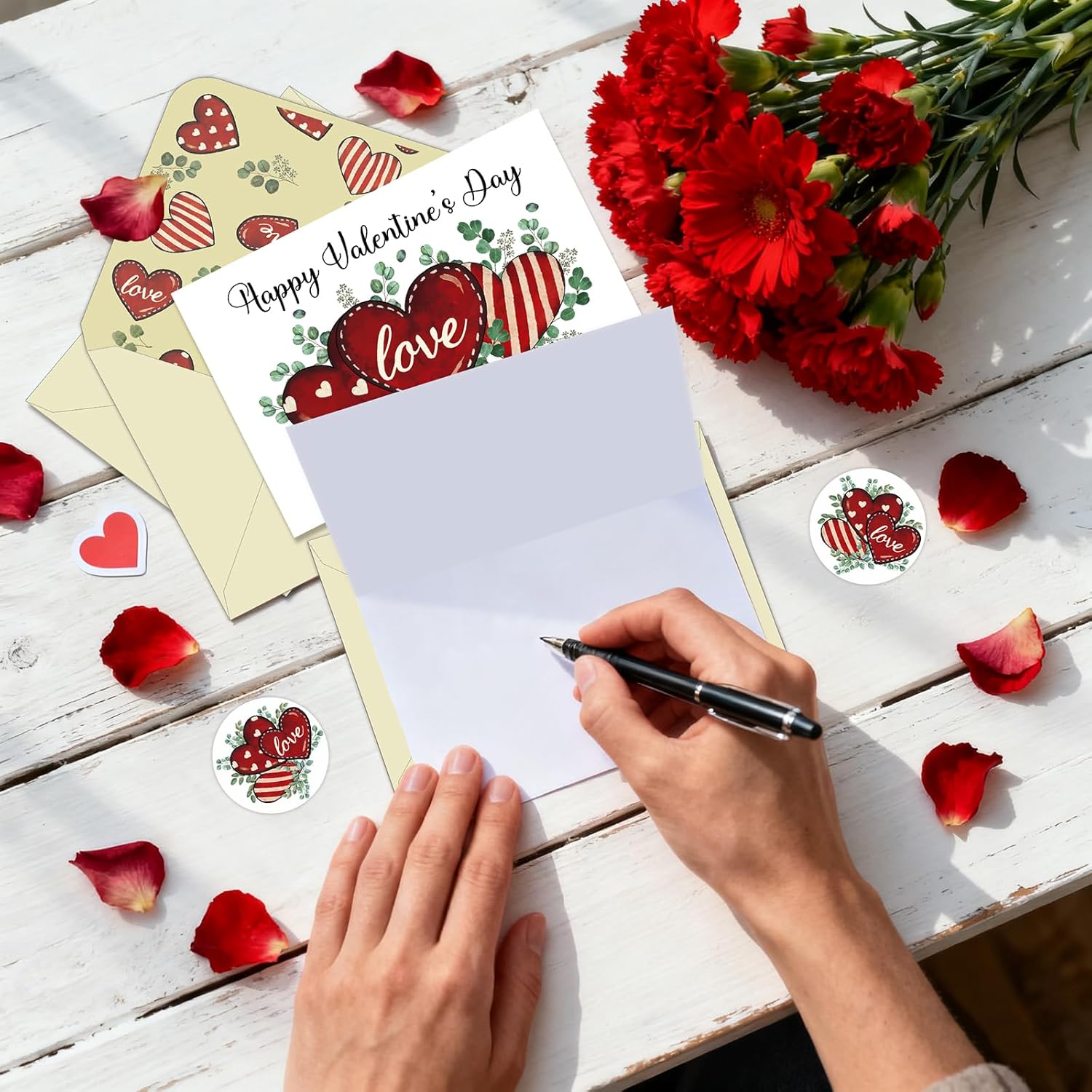 24 Pack Happy Valentines Day Cards With Envelopes Stickers - 4 X 6 Inch Romantic Anniversary Card Watercolor Blank Valentine Note Card Gifts For Her, Him, Wife, Wedding (Green Eucalyptus Love)
