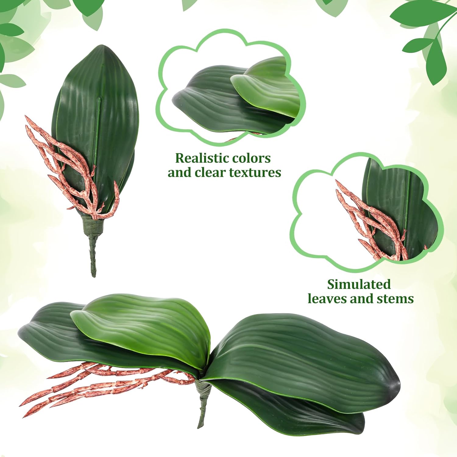 Faux Orchid Leaves, 2 Pack 8 Inch Artificial Phalaenopsis Stems Leaf Real Touch Orchids Leaf Artificial Cymbidium Flower Foliage Real Latex Touch Green Plant Orchid Leaves For Home Flowers Pot Decor