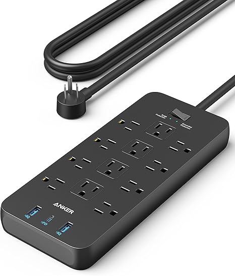 2100J Surge Protector Power Strip with 12 Outlets 20W USB Charging 5FT Extension Cord