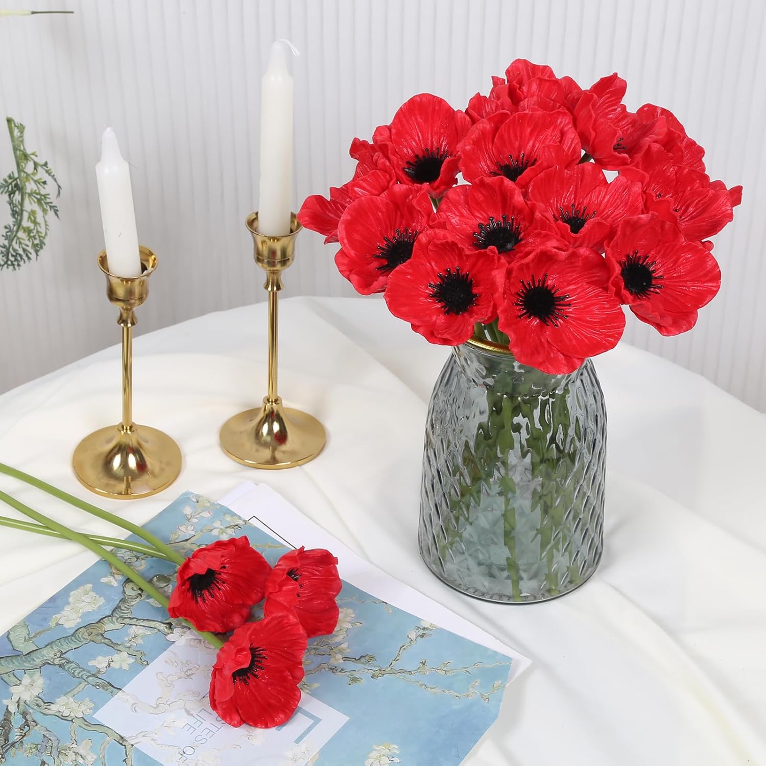 20Pcs Red Poppy Flowers Artificial 19.4" Pu Real Touch Faux Poppies Fake Flower Bulk For Wedding Bouquets Floral Arrangements Centerpiece Corsages Home Table Garden Party Decor(Red)
