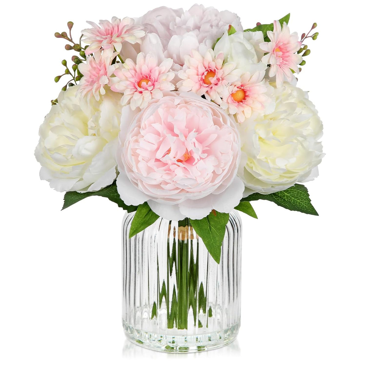 Artificial Flowers In Vase Pink Silk Peony & Daisy Faux Floral Arrangements For Table Centerpieces, Home Office Kitchen Bathroom Decor, Spring Fake Flower Arrangement