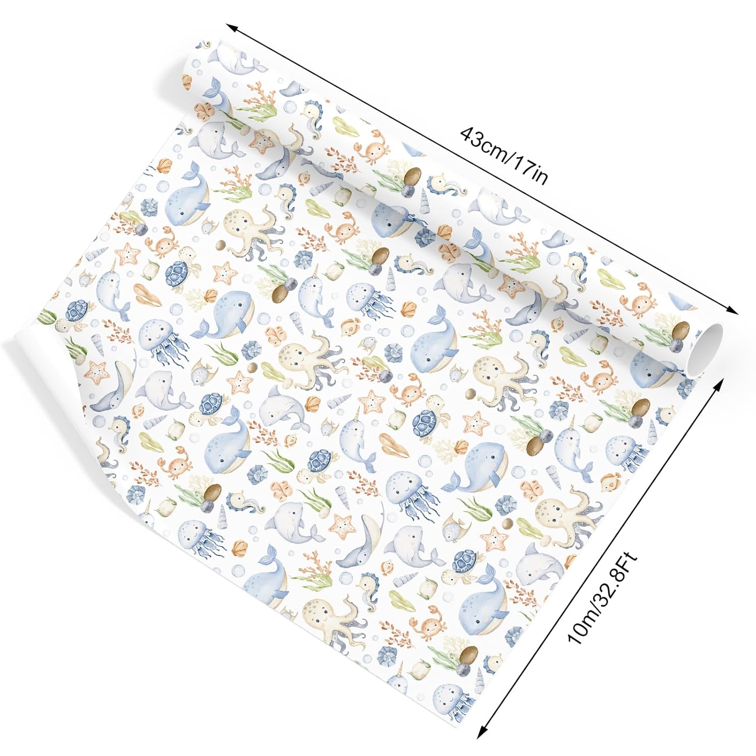 Under The Sea Wrapping Paper -Mini Roll- 17In X 32.8Ft Watercolor Ocean Animal Gift Wrap Paper Cute Craft Paper For Summer Birthday Party Packing Supplies