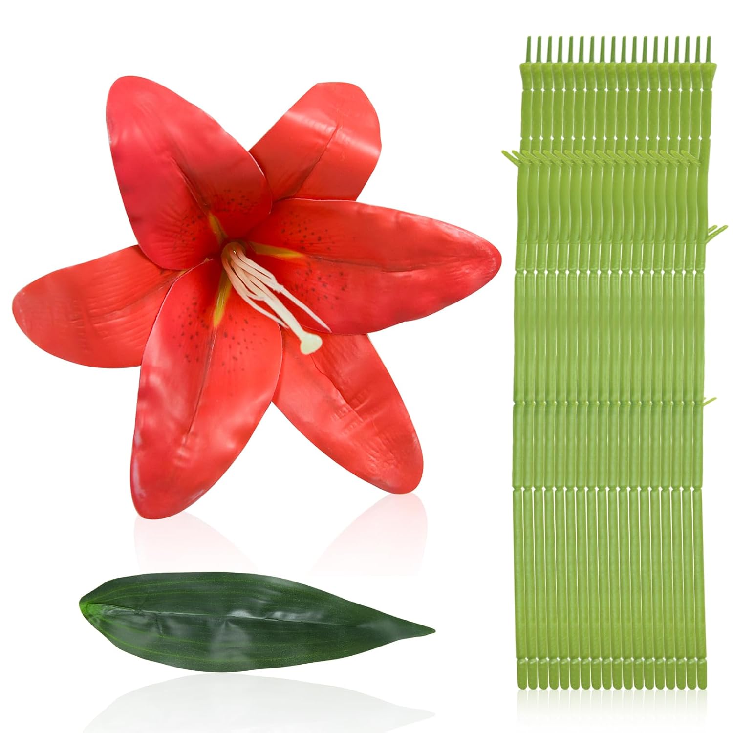 18 Pcs Faux Lily Heads 5.9 Inch Tiger Lily Artificial Flower Fake Lilies Flower Heads With 13 Inch Long Stem And Green Leaves For Wedding Bouquets Home Party Easter Decoration,(Red)