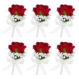 Set Of 6 Red Rose Boutonniere For Men, Groom And Best Man Artificial Flowers Boutonnieres, For Wedding Ceremony Formal Dinner Prom Party