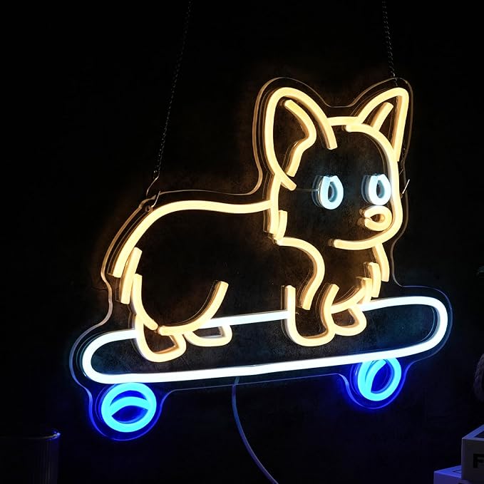 Corgi Dog Neon Sign LED USB Dimmable Wall Light 13 x 16.9 Inch for Kids Room Pet Shop Party Decor