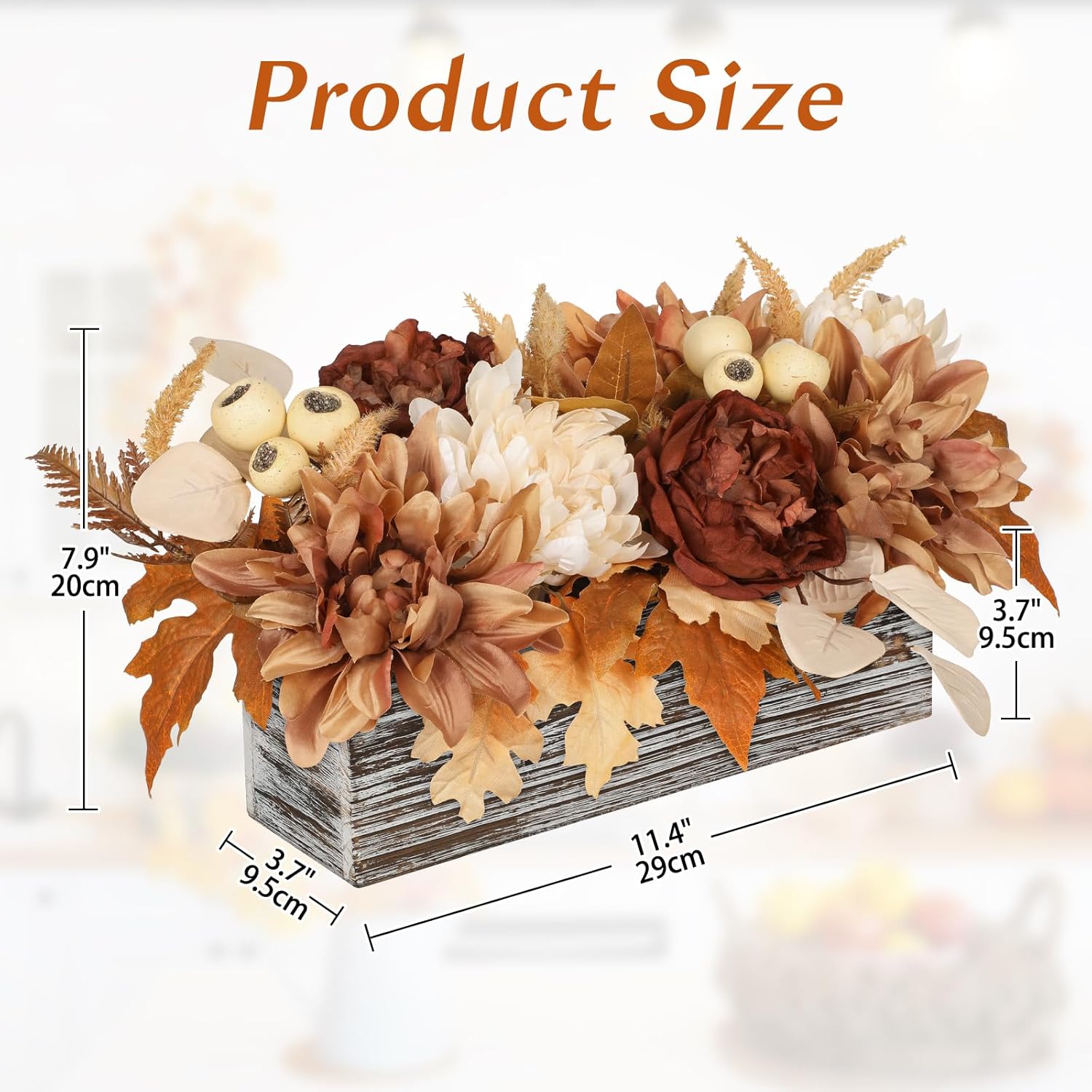 Fake Mums Artificial Flowers In Wood Planter, Faux Mums Potted With Maple Leaves, Peonies, Berries, Fake Fall Mum Floral Arrangement For Table Centerpieces, Faux Fall Flowers For Autumn, Harvest Decor