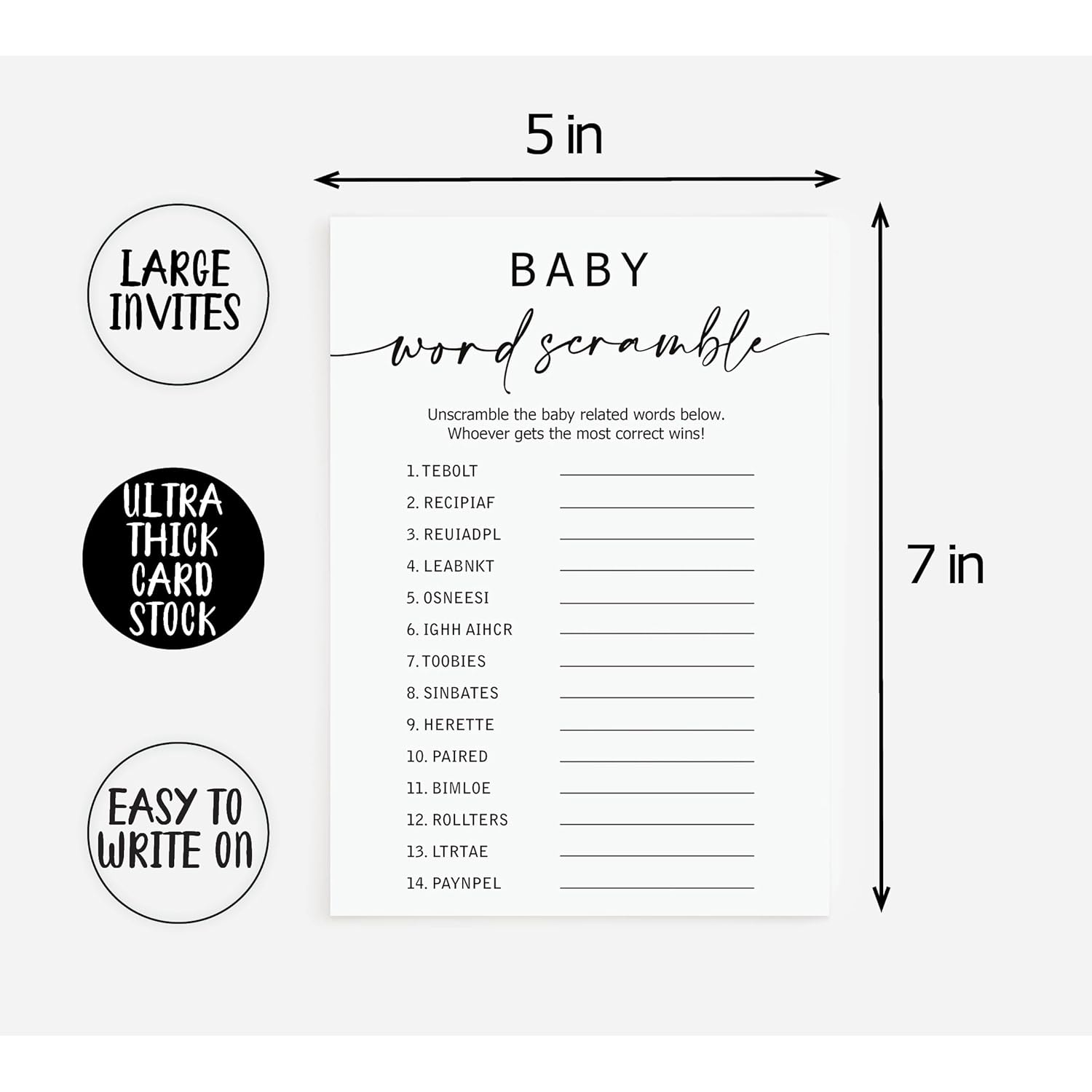 50 Baby Shower Word Scramble Game (50-Cards) Fun Baby Shower Game Activity, Gender Neutral Boy Or Girl, Minimalist