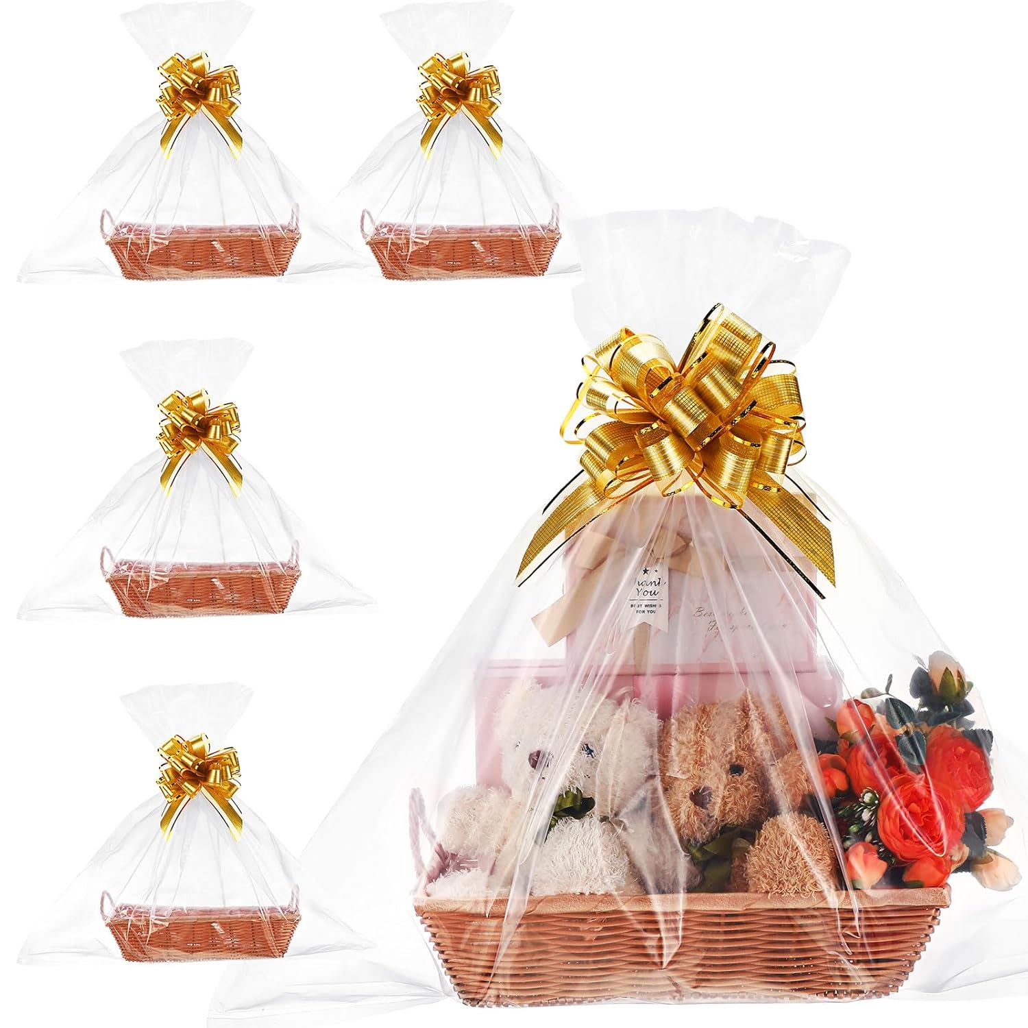 4 Pcs Empty Gift Baskets Bulk To Fill 14 X 10 X 2.8 Inch Thanksgiving Christmas Large Storage Basket With Handle Gift Bags And Golden Bows For Diy Holiday Party (Wood Color)