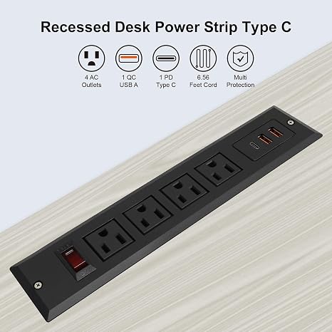 Recessed Power Strip Desk Outlet 4 AC Outlets USB C 20W PD Fast Charger Black