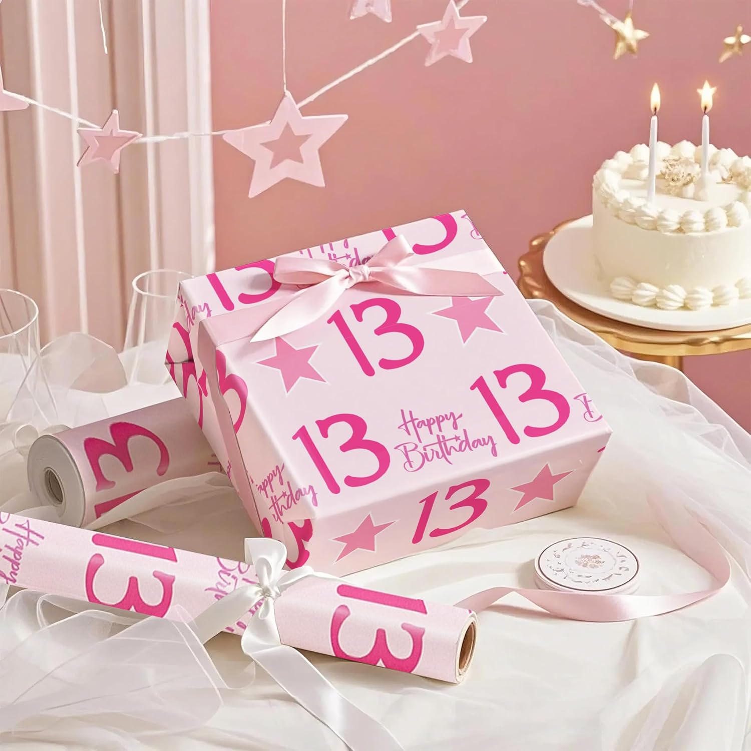 Girl 13Th Birthday Wrapping Paper - Mini Roll - 17 Inch X 16.5 Feet - Teen Girl Pink Stars With 13 Happy Birthday Design Perfect For Party, Holiday