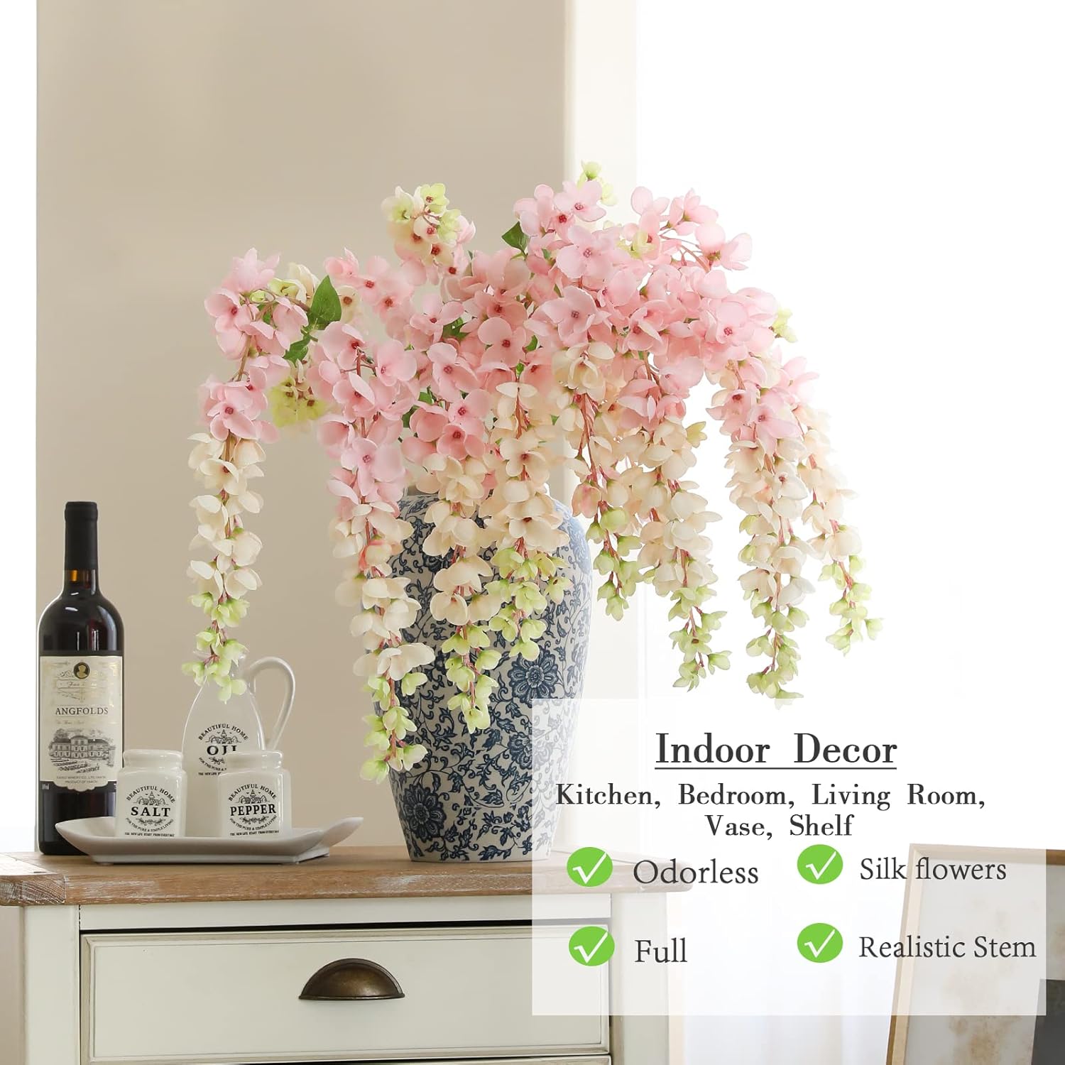 Dailisen 3 Strands 40'' Silk Blush Wisteria Artificial Flowers, Fake Wisteria Floral Hanging Plant Garland, For Home Decor, Party, Floor Vase, Balcony, Wedding Arrangement Decoration (Blush)