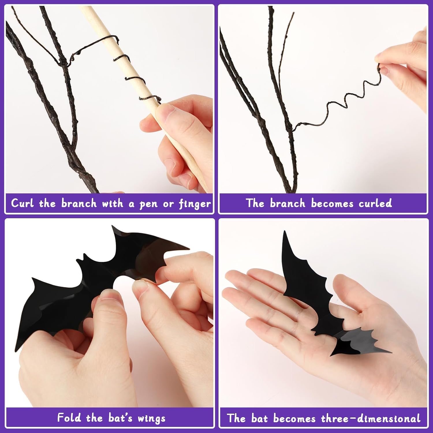 Curly Willow Branches 29.5 Inch Artificial Bendable Stems Black Branches With 36Pcs Halloween Bat Stickers For Halloween Wreath Home Party Decorations