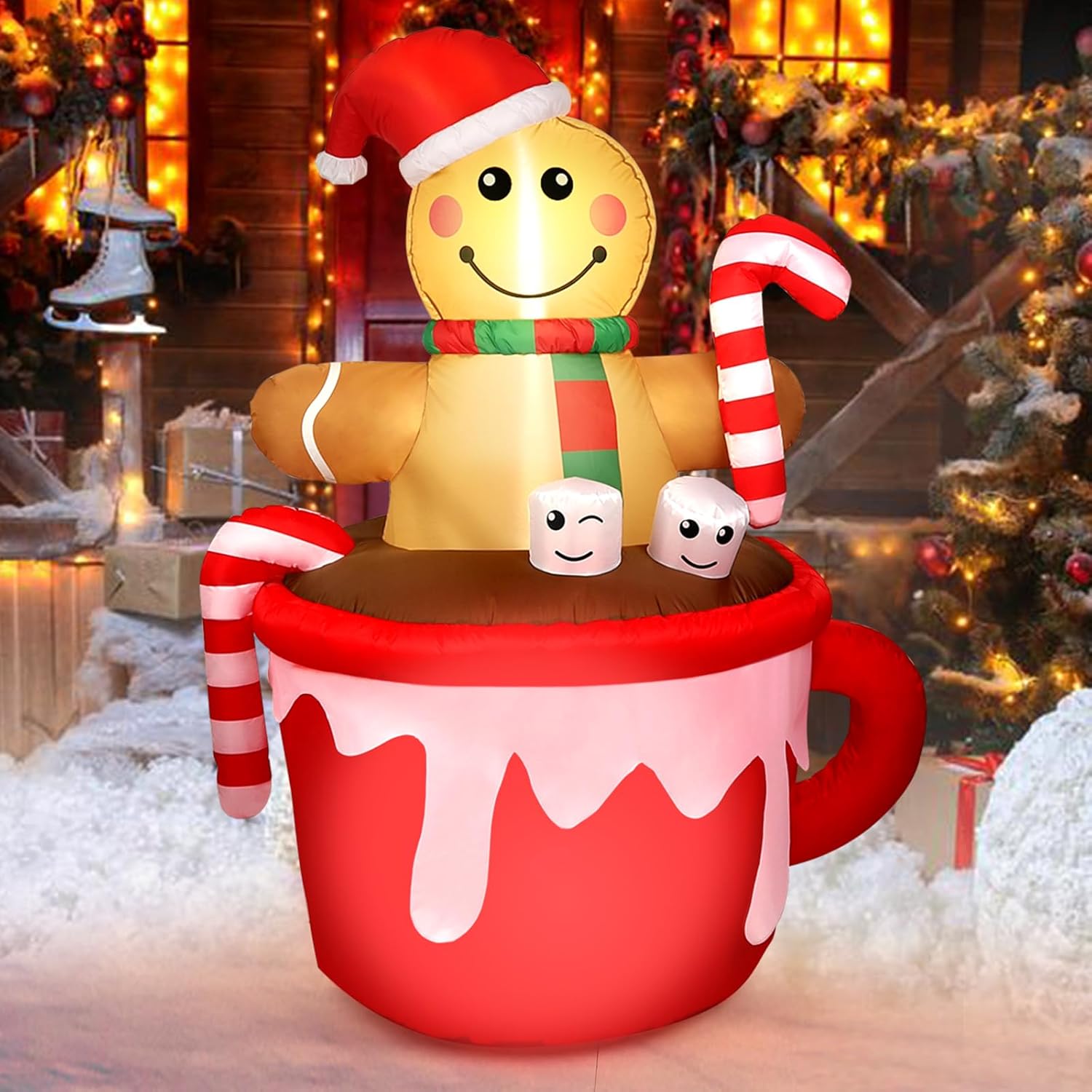 5Ft Christmas Inflatable Outdoor Decoration, Gingerbread Man In Coffee Mug Blow Up Led Light Christmas Inflatables Yard