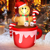5Ft Christmas Inflatable Outdoor Decoration, Gingerbread Man In Coffee Mug Blow Up Led Light Christmas Inflatables Yard