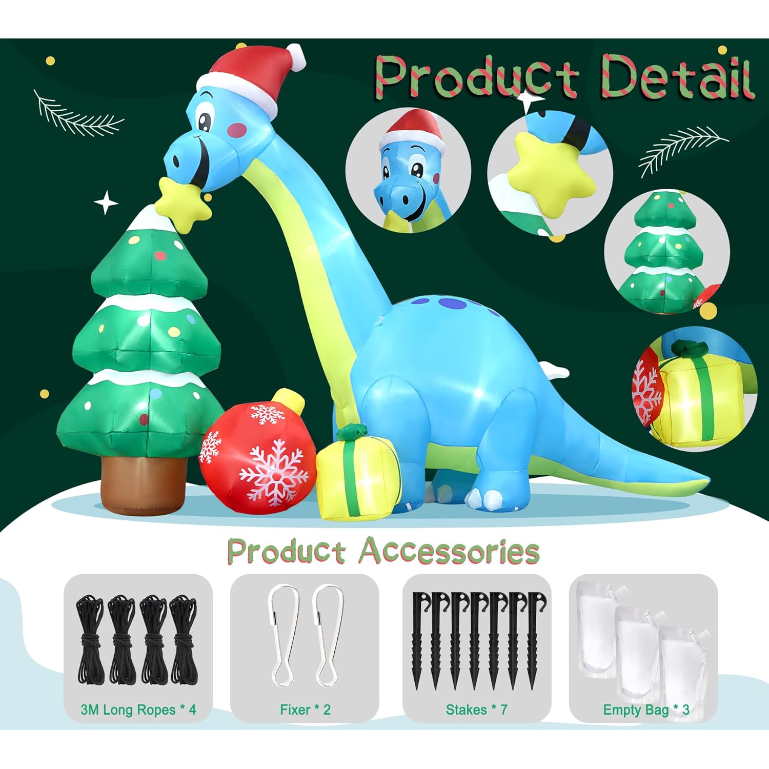 13.6 Ft Long Christmas Inflatable Decorations, Huge Xmas Inflatable Dragon Dinosaur With Trees Gift Hats Decors Built-In