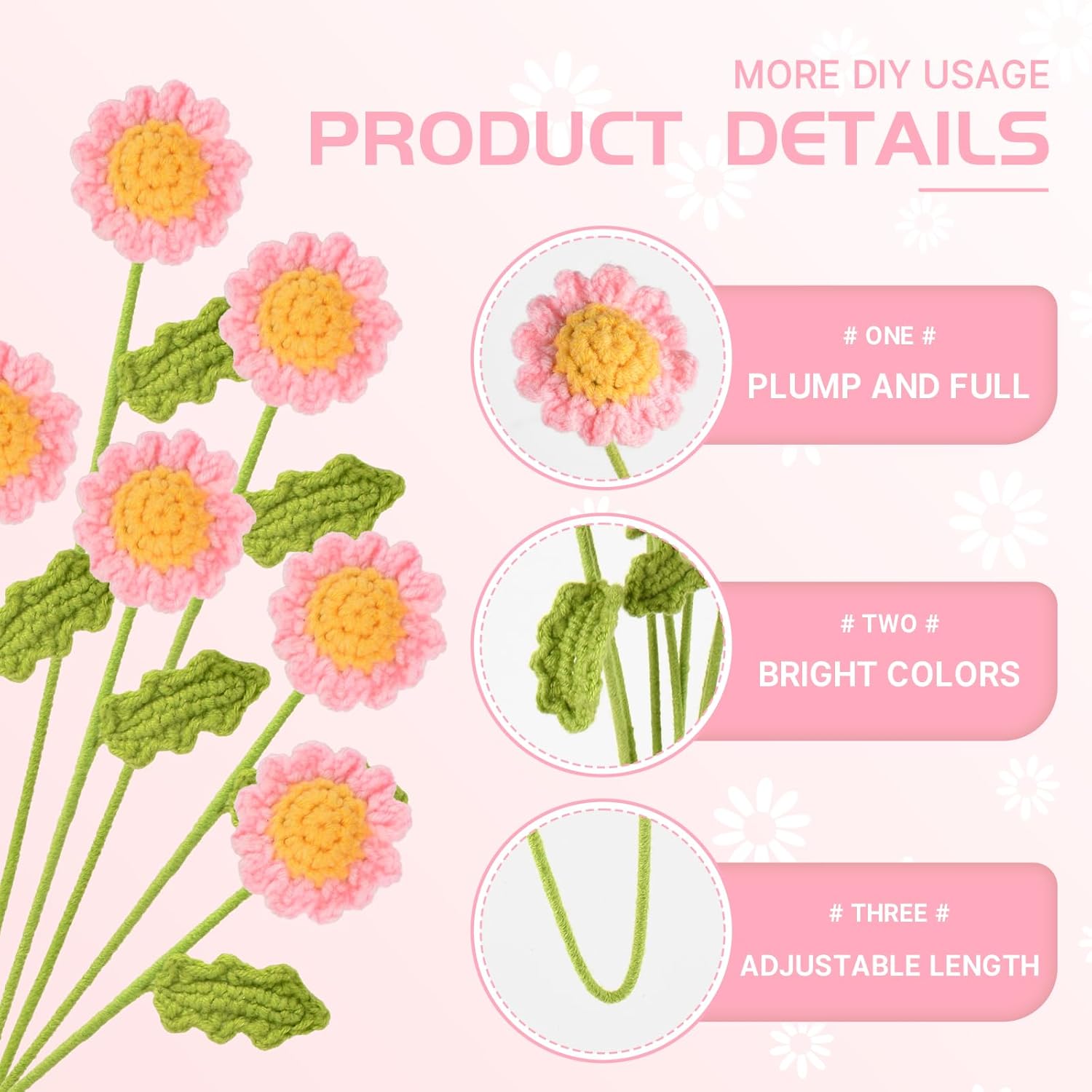 6Pcs Crochet Daisy Flower 16.5Inch Knitted Handmade Daisy Flowers Cotton Knitted Flowers For Indoor Outdoor Home Kitchen Office Table Garden Decorations (Pink)