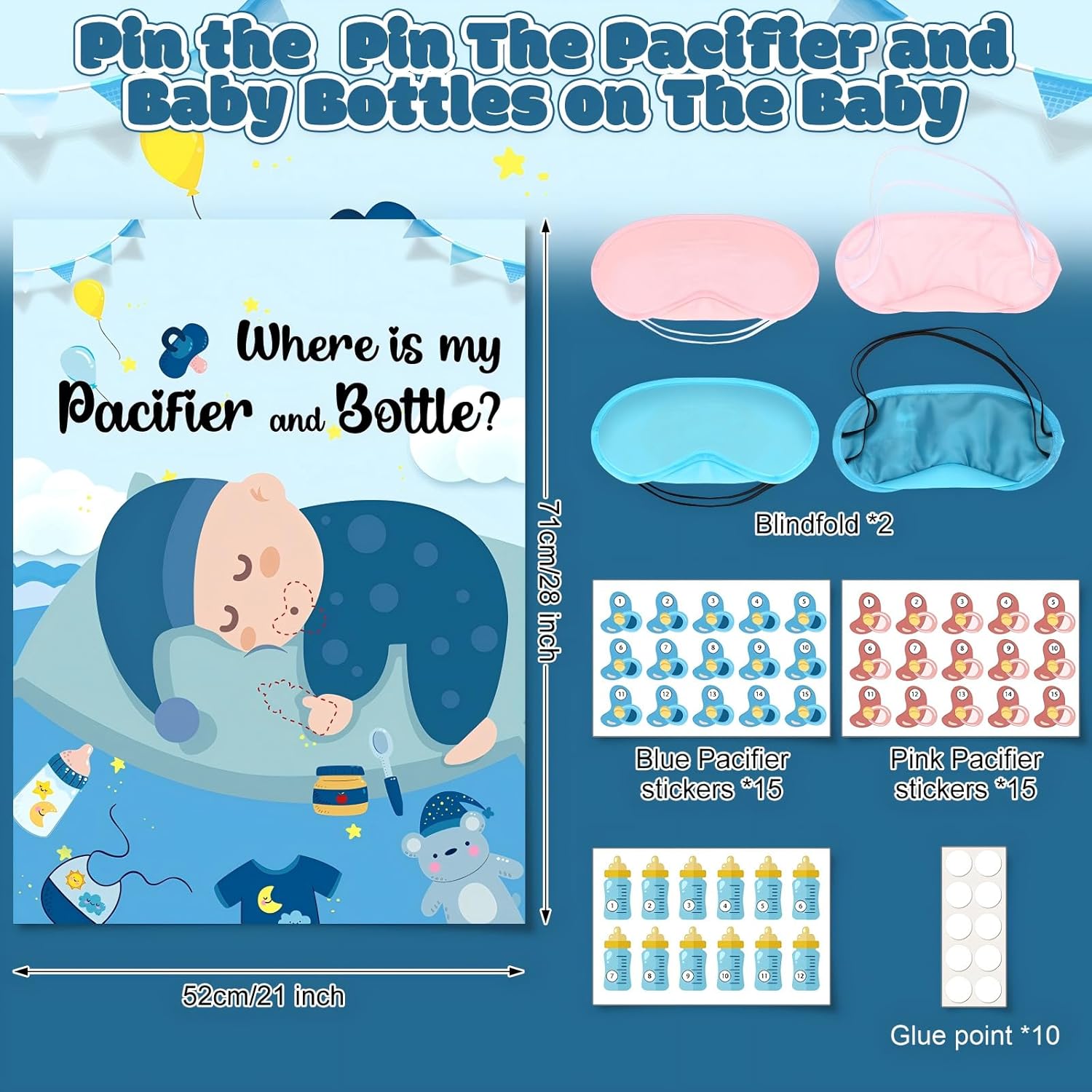 Pin The Pacifier On Baby Game Baby Shower Games Pin The Bottles With 45 Pcs Pacifier Bottle Sticker Blindfold Glue Point Birthday Party Favors Supplies