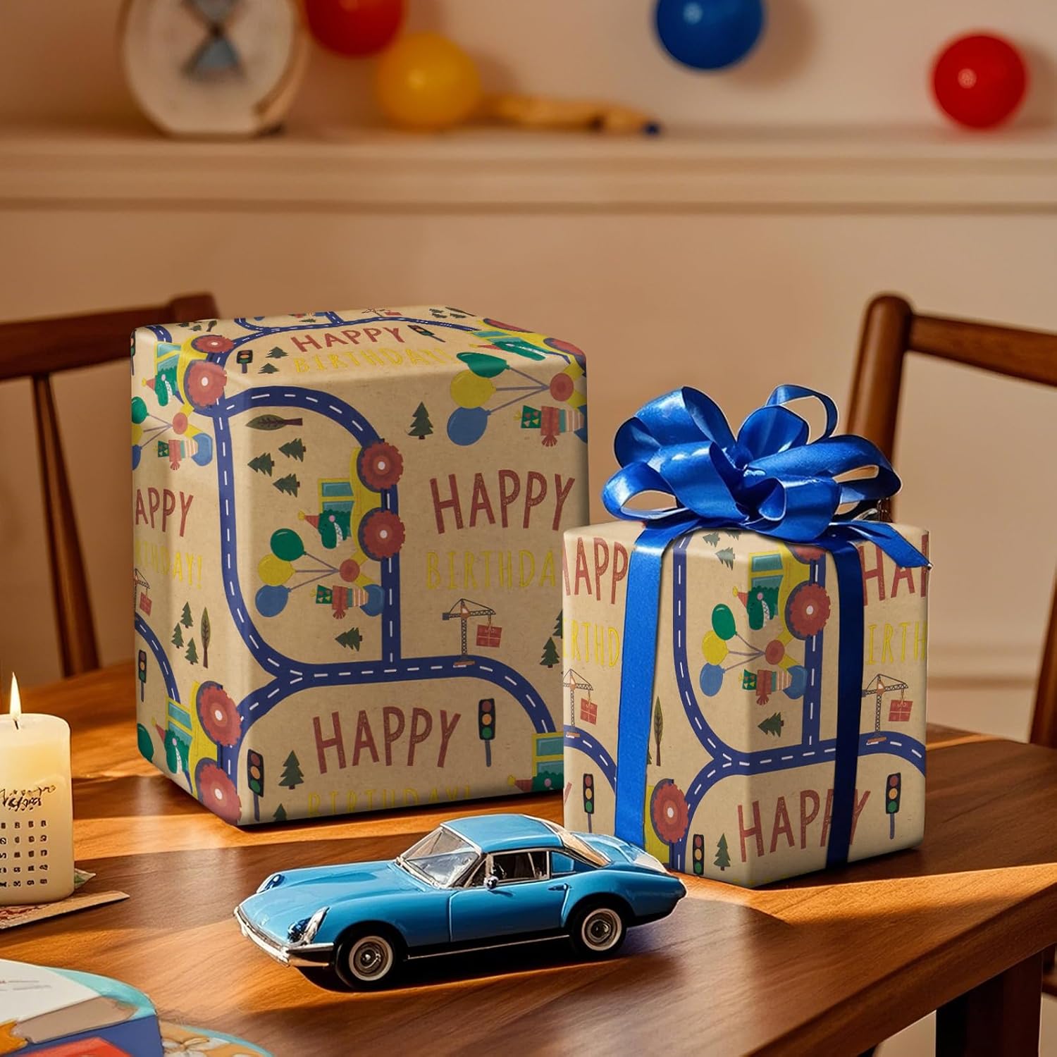 Birthday Wrapping Paper Roll - 17 Inches X 16.4 Feet - Monster Truck And Dinosaur Design On Durable Kraft Paper - Bright Colors For Kids' Birthday Party