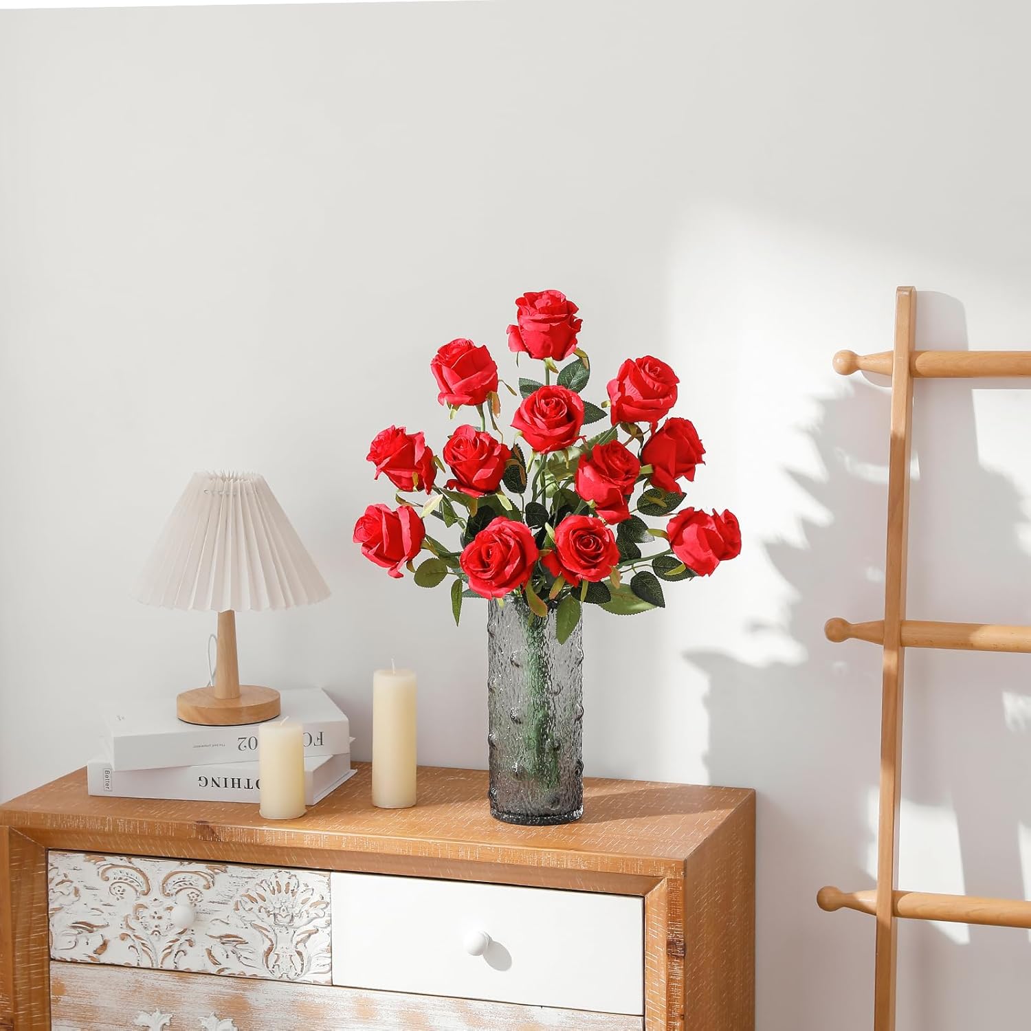 12Pcs Red Roses Artificial Flowers – Realistic Silk Velvet Fake Flowers With Long Stems For Valentines Day Wedding Bouquets Home Decoration Party Centrepieces & Diy Floral Arrangements