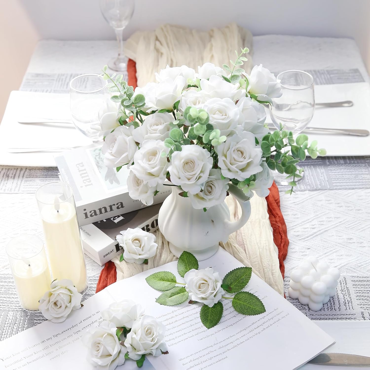 25Pcs Roses Artificial Flowers 2.75In Fake White Rose Heads Real Looking Velvet Rose Flowers For Vase Table Centerpiece Home Wedding Party Garden Decoration(White)