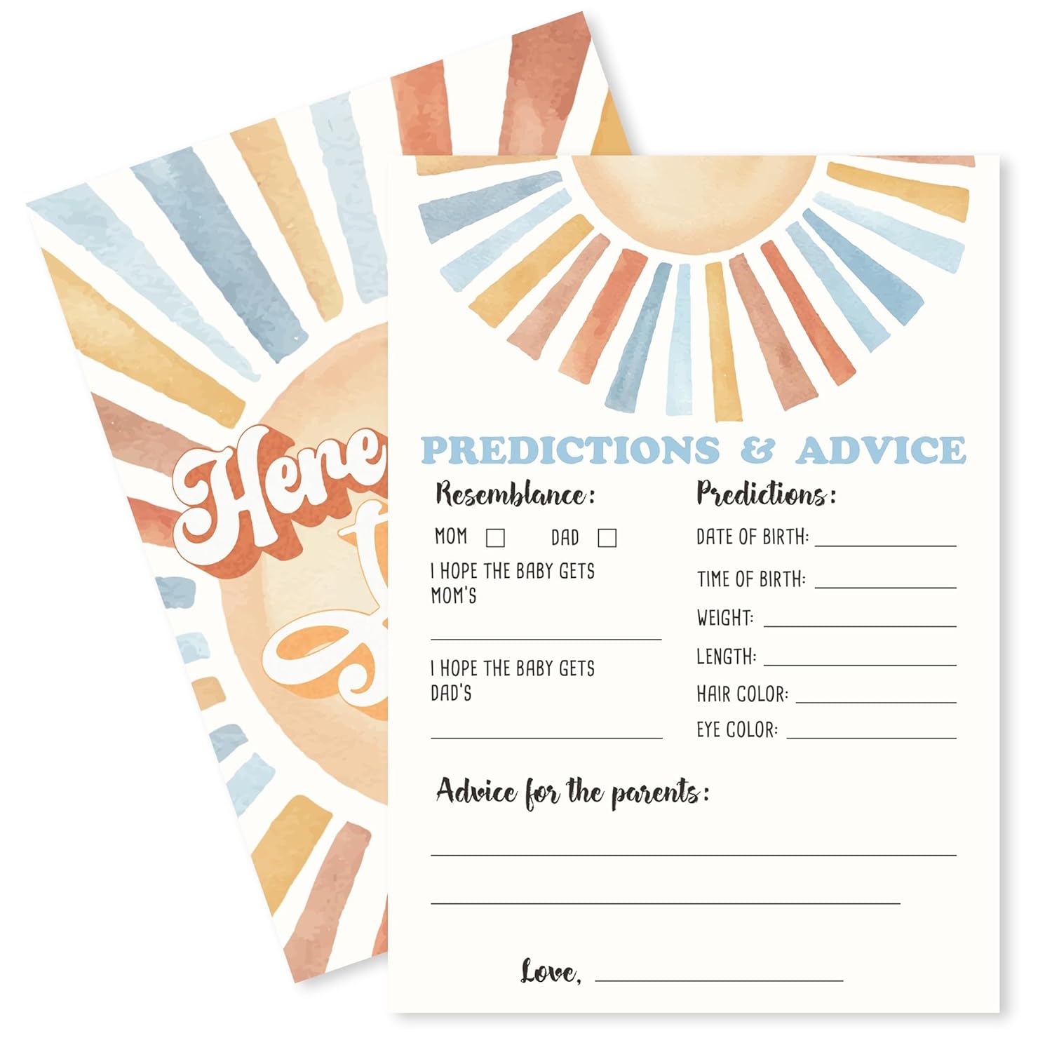 Sunshine Fill In Baby Shower Game Cards - Here Comes The Son - Baby Prediction & Advice Game For Boys - Baby Announcement Gender Reveal Baby Shower Party Activities For New Parents To Be - A01