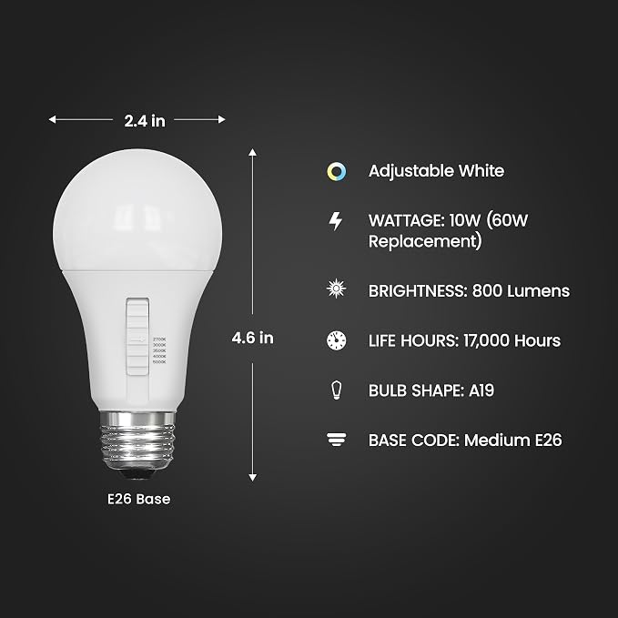 A19 LED Light Bulb 60W Equivalent 5CCT Selectable Color Temperature 10 Pack