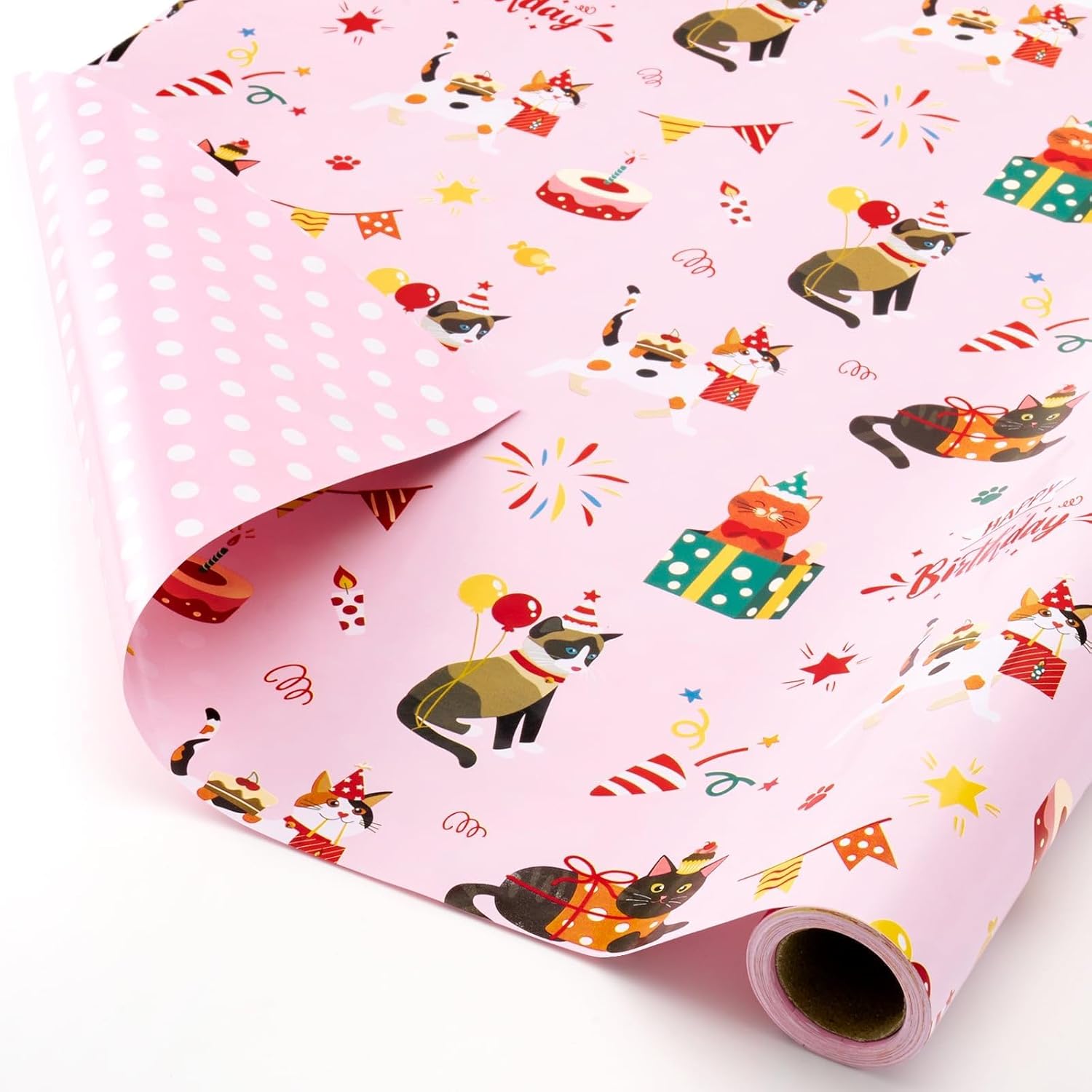 Cat Wrapping Paper Roll - 1 Roll 17”X 33 Ft Happy Birthday Wrapping Paper Pink Cat Birthday Gift Wrap For Kids Girls Adults Kitten Party Baby Shower Decoration Reversible Polka Dot Design