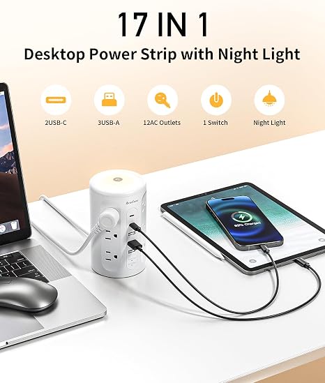 Power Strip Tower 12 Outlets 5 USB Ports 10FT Extension Cord Night Light