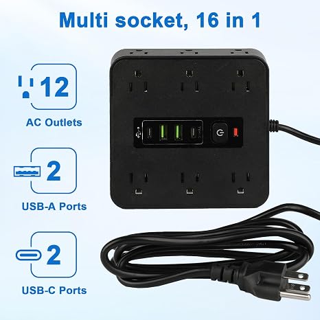16 in 1 Power Strip Surge Protector 12 AC Outlets 2 USB C 2 USB A