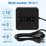 16 in 1 Power Strip Surge Protector 12 AC Outlets 2 USB C 2 USB A