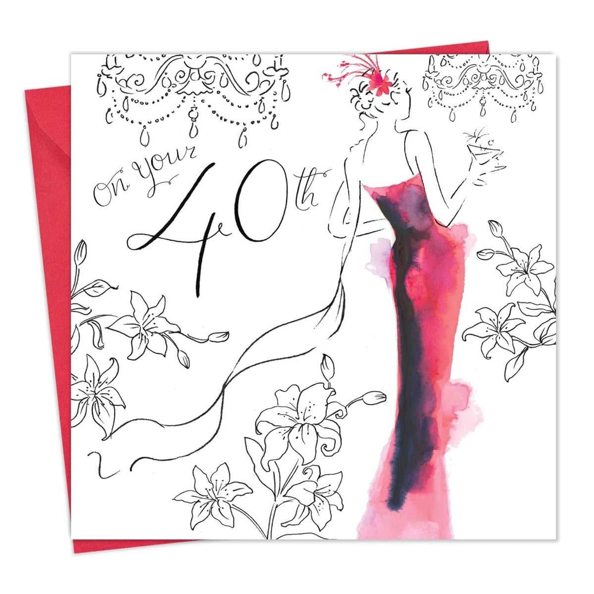 40Th Birthday Card For Her With Crystal Finish & Watercolour Effect - Age 40 Year Old Happy Birthday Card For Women Female Ladies
